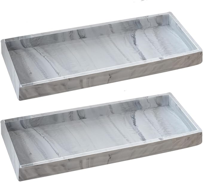 2PCS 11.8” L x 5” W Silicone Soap Dispenser Tray, Bathroom Sink Vanity Trays for Dresser Tops, Toilet, Small Tray for Scrubber, Lotion Bottles, Perfume, Jewelry, Candle, Key Trinket Ring-White Marble