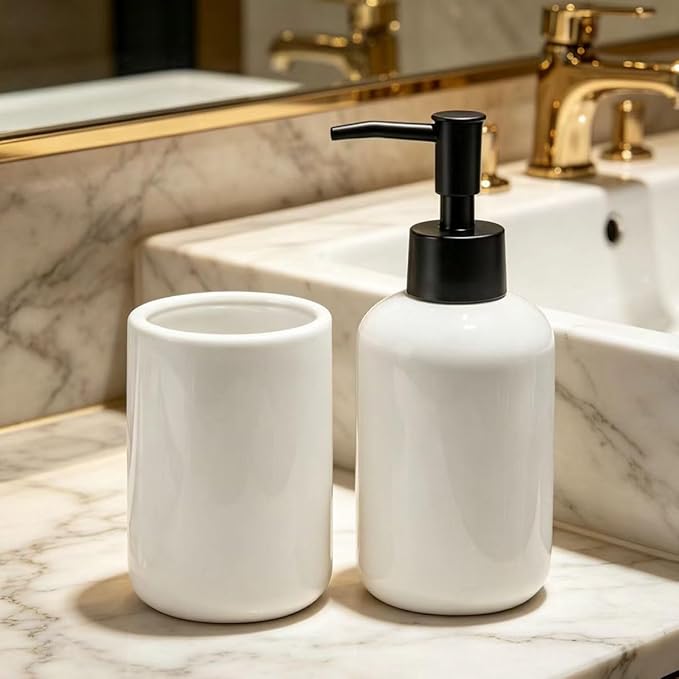 White Bathroom Accessories Set 2 Pieces,Ceramic Soap Dispenser and Toothbrush Holder,Modern Decor Bath Set Countertop Organizer