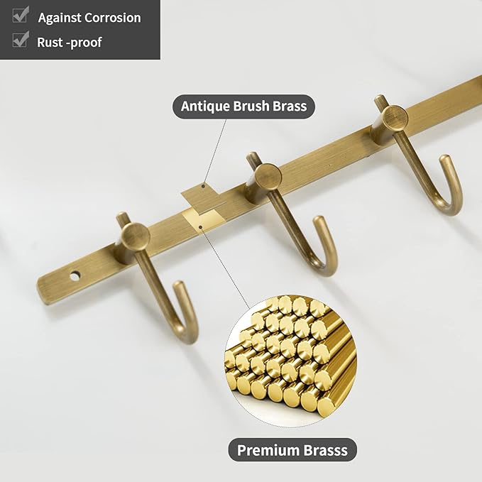 WINCASE Antique Brass Hooks, 8 Hook Coat Rack, Bath Wall Mounted Vintage Brushed Brass Bathroom Row Hooks Rustic Towels Coats Hooks
