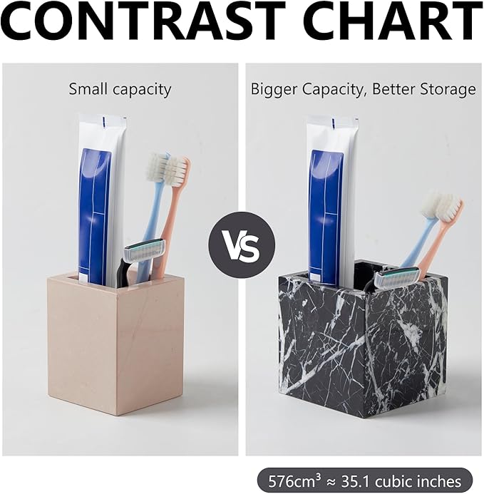 Real Luxurious Natural Marble Toothbrush Holder & Makeup Brush Organizer & Pen Holder for Desk,3.93inch Square Marble Utensil Holder Non-Ceramic/Non-Resin （Black）