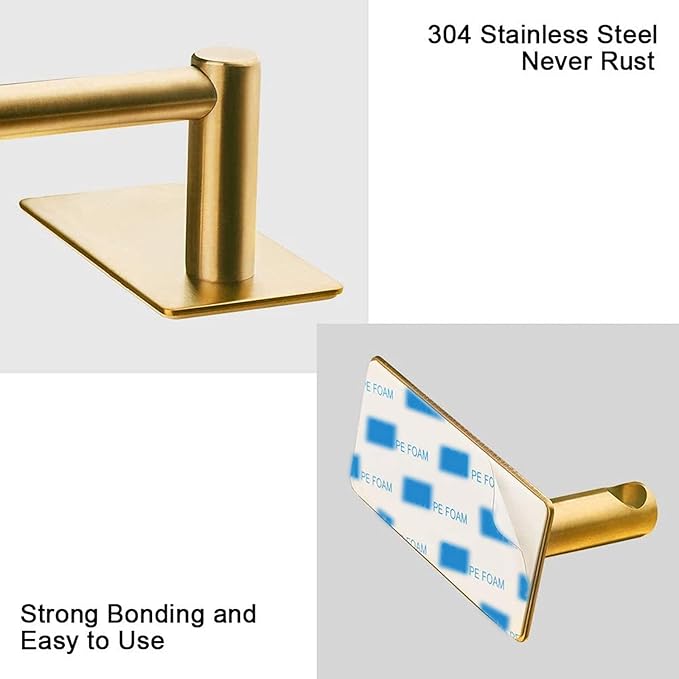 NearMoon Self Adhesive Bathroom Towel Bar- Stainless Steel Bath Wall Shelf Rack Hanging Towel Stick On Sticky Hanger Contemporary Style, NO Drilling (1 Pack, Brushed Gold, 9-Inch Towel Rack)