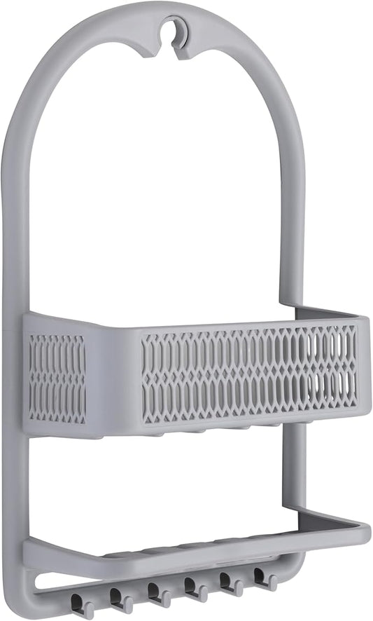 Bath Bliss Molded Shower Caddy | Bathroom Storage | Hangs Over Shower Head | 6 Accessory Hooks | Holds Razors | Washcloths | Accessories | Suction Cup Stability | Grey
