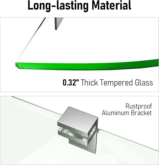 Bakzon Glass Corner Shower Shelf 2 Pack, 9.5" Tempered Glass Shower Caddy No Drill Adhesive Wall Mount, Holds 22 lbs, Rustproof Aluminum Brackets, Bathroom Corner Shelf for Inside Shower