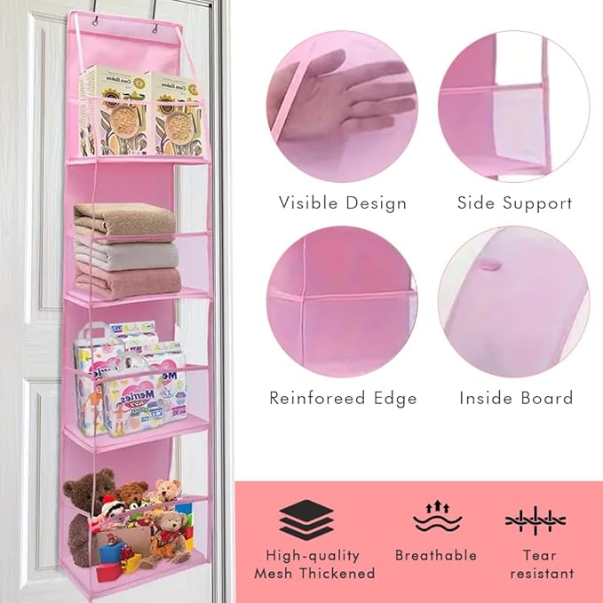Hanging Closet Organizer, 4 Shelf Over The Door Organizer with 2 Hooks, Space Saving Behind The Door Storage Shelves for Pantry, Bathroom, Bedroom, Nursery(Color:Pink)