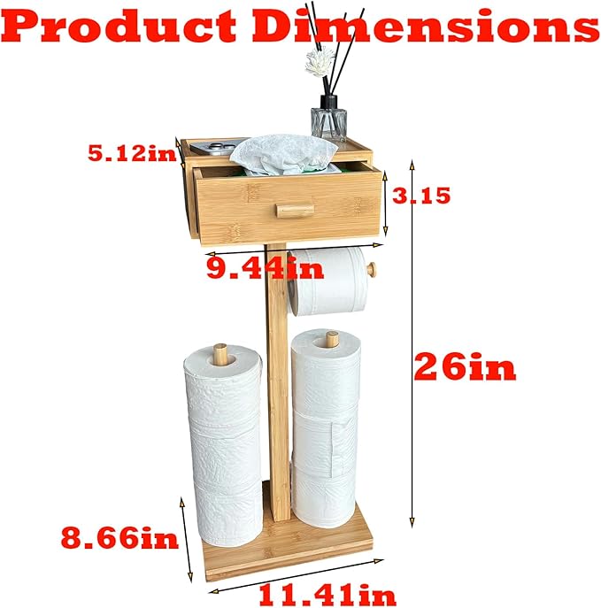 Freestanding Bathroom Toilet Paper Holder Stand with Shelf, Bamboo Toilet Paper Roll Holder with Wet Wipes Storage Drawer(Natural)