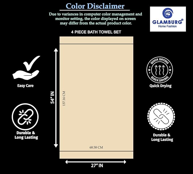 GLAMBURG Premium Cotton 4 Pack Bath Towel Set - 100% Pure Cotton - 4 Bath Towels 27x54 - Ideal for Everyday use - Ultra Soft & Highly Absorbent - Mineral Blue