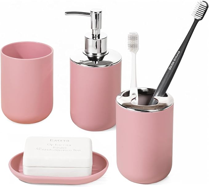 Bathroom Accessory Set, 4 Pcs Plastic Bathroom Set Include Soap Dispenser, Soap Dish, Toothbrush Holder, Mousewash Cup, Modern Bahtroom Décor Set, Space Save for Bathroom(Light Pink)