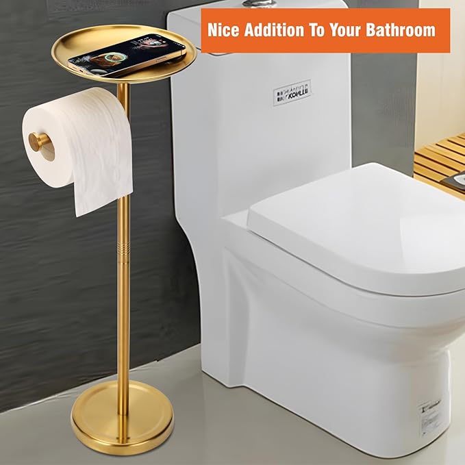 Tofix Freestanding Toilet Paper Holder with Shelf and Tray, Stainless Steel Base, Gold
