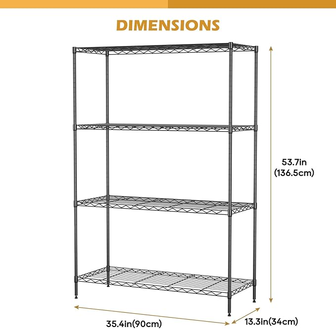 4-Tier Adjustable Metal Shelving Unit, Heavy Duty Garage Storage Rack, Wire Shelves & Closet Organizers, Utility Shelf for Kitchen, Pantry, Garage – Black, 53.7" W x 13.4" D x 35" H, 800 lbs