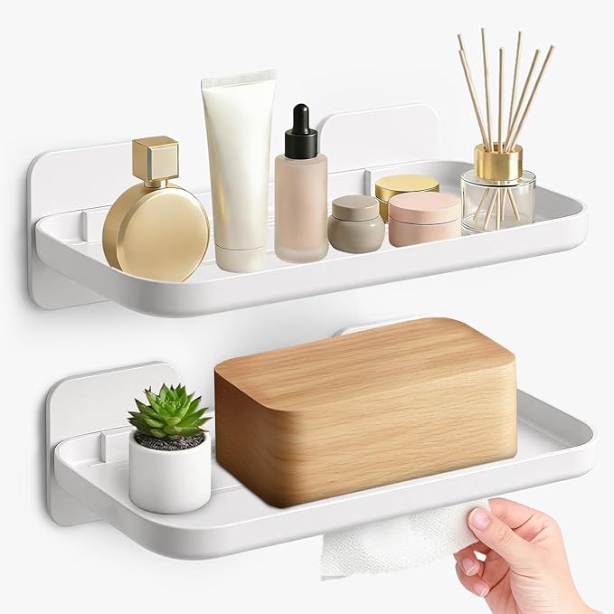 FAYYGYH 2 Pack Adhesive Floating Shelves No Drill Small Floating Shelf for Wall Storage Damage-Free Wall Mounted Organizer for Bathroom, Kitchen, Bedroom & Office (White)