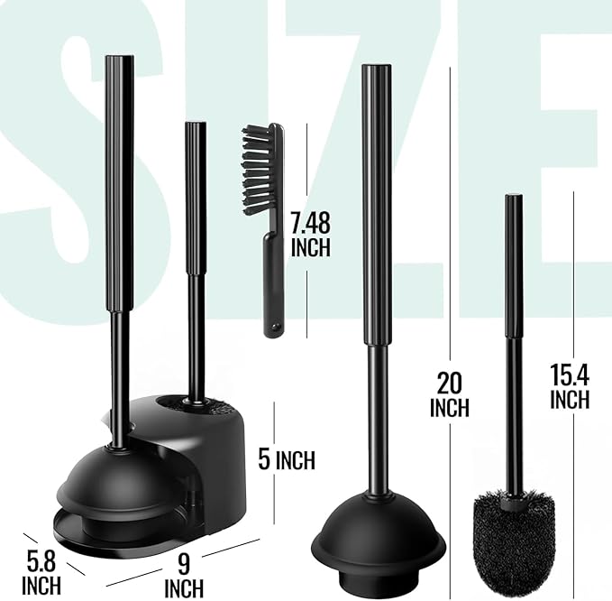 2 Pack 4 in 1 Toilet Brush and Plunger Set with Crevice Cleaning Brush, Toilet Plunger and Brush Set with Extra Long Handle, Plungers for Bathroom Accessories, Toilet Plunger with Holder, Dark Black