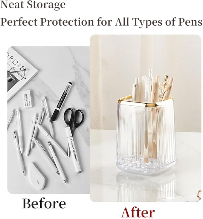 Acrylic Pen Holder, Cute Clear Gold Desk Organizer for Pencils, Makeup Brushes Toothbrushes with Striped Design for Vanity Bathroom Storage Cup