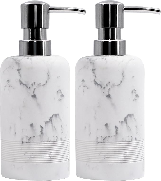 YMXYJM Resin Soap Dispenser Sets, 2 Pcs Heavy Lotion Dispensers,10.8oz Refillable Liquid Soap Dispensers with Rust-Proof Pump for Bathroom Countertop or Kitchen, Artificial Marble White