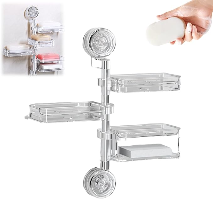 LECDOA Corrugated Suction Cup Storage Holder, 2025 New Movable Shower Shelf Suction Cup, No-Drill Wall-Mounted Storage Shelf, Luxury-Style Glacier Pattern (White-Three layers with Sponge)