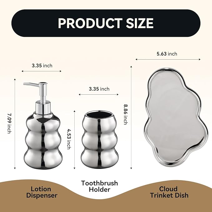 Silver Bathroom Accessory Set, 3-Piece Ceramic Bath Accessories Set with Tray, Lotion Dispenser, and Tumbler