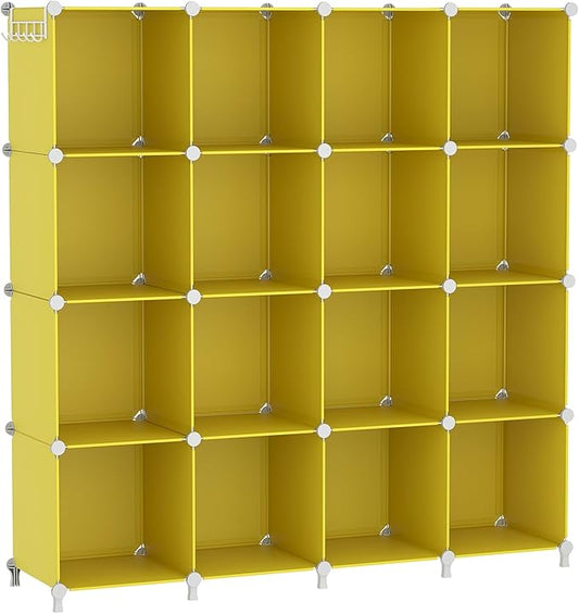 AWTATOS Cube Storage Organizer, Storage Cubes Shelves, 16 Cube Closet Organizers and Storage, DIY Stackable Bookshelf Plastic Clothes Organizer Shelving for Bedroom, Home, Yellow