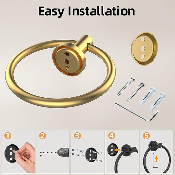 Towel Ring 2Pack, SUS304 Stainless Steel Hand Towel Holder for Bathroom Kitchen, Modern Style Towel Hanger, Thicken Ring Towel Holder, Towel Rack Round Wall Mounted (2, Brushed Gold)