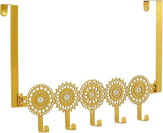 AceOrbit Gold Bohemian Over The Door Hooks Hanger Wall Mount Towel Hanger Door Holder Organizer 5 Hooks Kawaii Farmhouse Rustic Coquettish Style Decor for Bedroom Bathroom Towel Hat Clothes