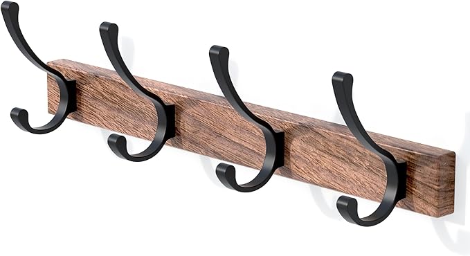 17 Inch Black Walnut Wood Wall Mounted Coat Rack with 4 Black Double Hooks, Adhesive Mounted Entryway Hooks, Modern Natural Wooden Pegs for Hanging Coat Clothes Hat Bag Purse Key and Towel