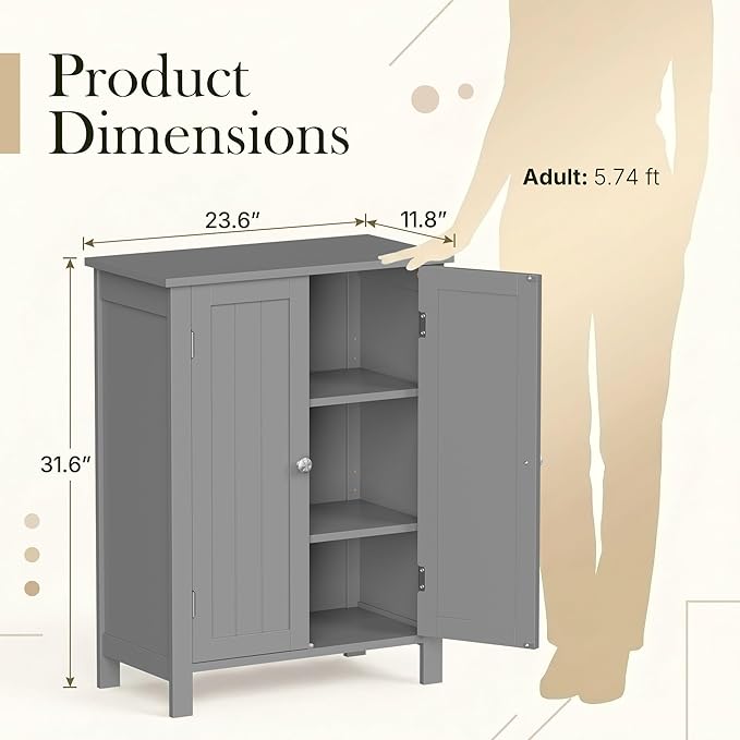 SUPER DEAL Modern Bathroom Floor Storage Cabinet with Adjustable Shelf and Double Door Rust Proof, Living Room Modern Home Furniture Storage Organizer Cabinet, Grey
