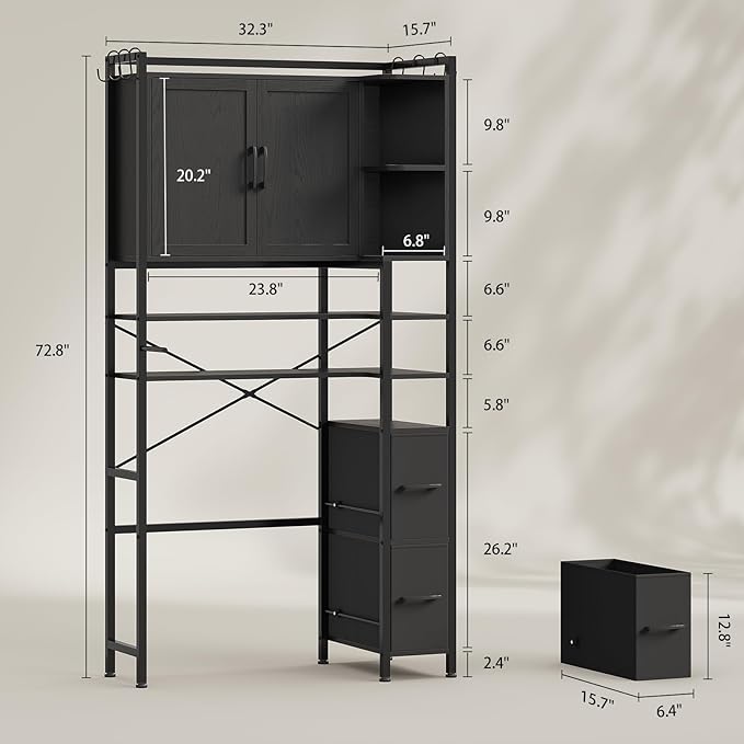 8-Tier Over the Toilet Storage Cabinet with Doors & 2 Large Drawers, Bathroom Storage Cabinet with Toilet Paper Holder, 6 Side Hooks, Over the Toilet Storage for Bathroom, Laundry Room, Black