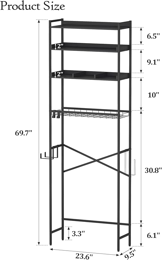 Quikraen 4 Tier Over The Toilet Storage Shelf with 3 Adjustable Shelves, Space Saver Bathroom Organizer with 4 Hooks, Freestanding Above Toilet Rack for Restroom Laundry (Black)