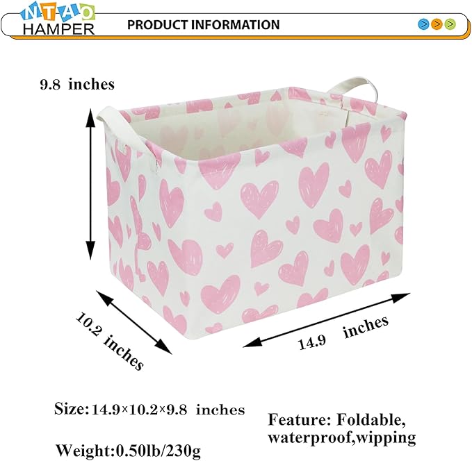 NTAOHAMPER 24L Children's Day Father Gifts Pink Heart Fabric Storage Basket Empty with Handles, Books Box, Lovely Storage (Pink Heart)