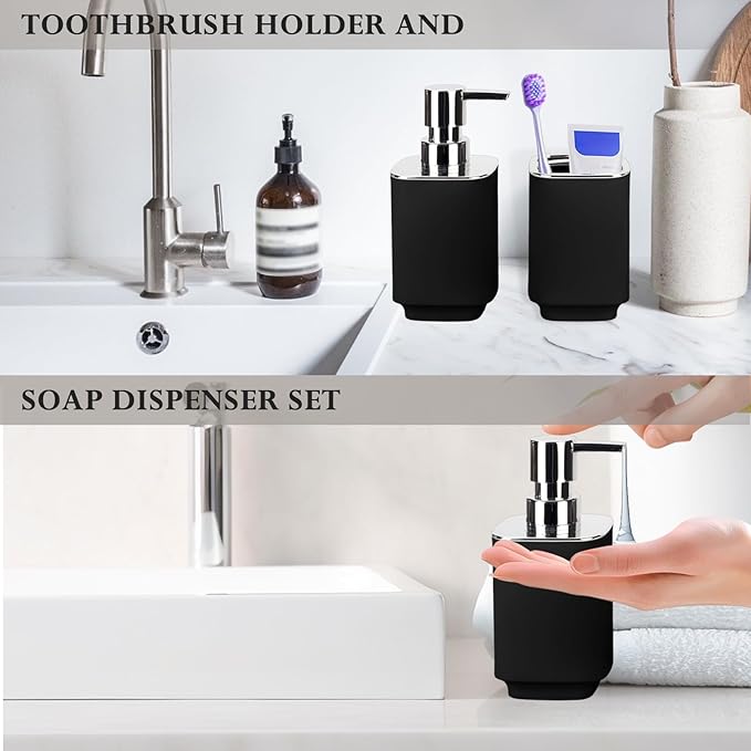 Black Bathroom Accessories 2 Pieces, Soap Dispenser and Toothbrush Holder Set for Boho Bathroom