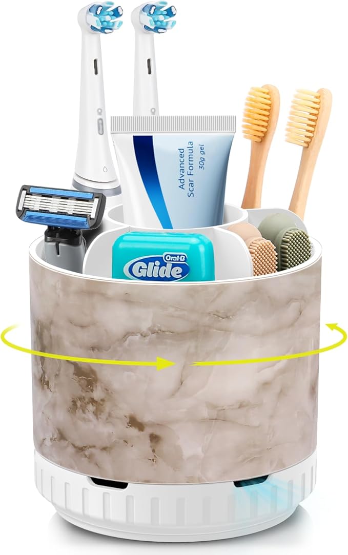 GFWARE Marble Toothbrush Holders - 360° Rotating Detachable 6 Slots Kids Electric Toothbrush and Toothpaste Holde for Bathroom Accessories Organization Countertop Vanity Sink Storage