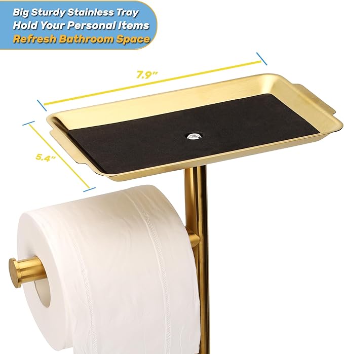 Exilon Toilet Paper Holder Stand for Bathroom Floor Freestanding Toilet Roll Dispenser Storages 4 Reserve Rolls, with Top Storage Shelf for Cell Phone (Brushed Gold)