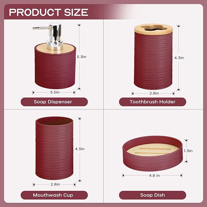 4 Pieces Bamboo Bathroom Accessories Set, Bathroom Accessory Set with Soap Dispenser and Toothbrush Holder, Soap Dish and Toothbrush Cup, Boho Bathroom Decor(Burgundy)