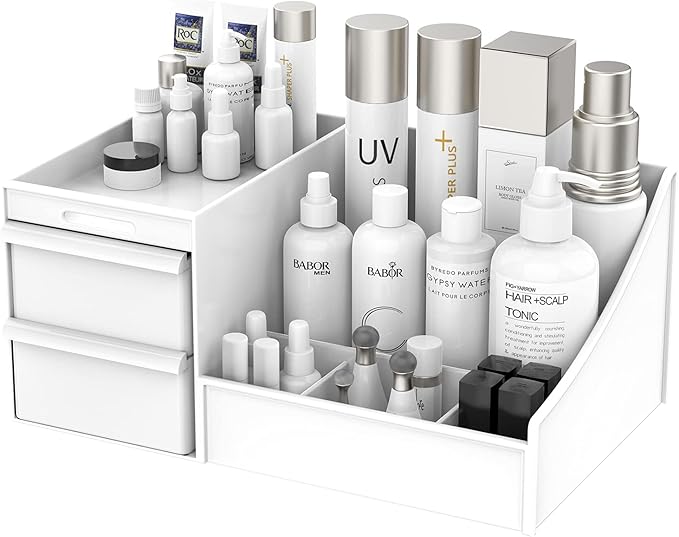 Makeup Desk Cosmetic Storage Box Organizer with Drawers for Dressing Table, Countertop, Bathroom Counter, Elegant Vanity Holder for Brushes, Eyeshadow, Lotions, Lipstick and Nail Polish (White)