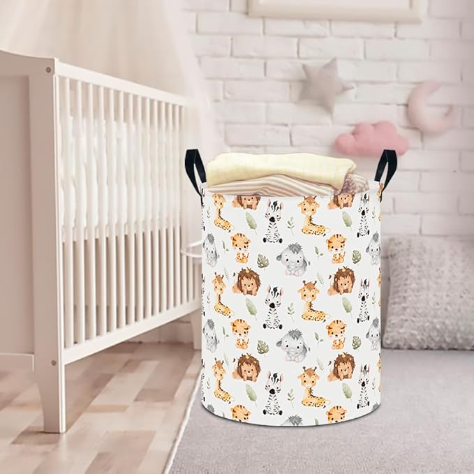 CLOCOR Round Collapsible Flat Storage Basket,Space-Saving Fabric Laundry Hamper for Clothes,Nursery Hamper,Gift Basket(Cute Animals)