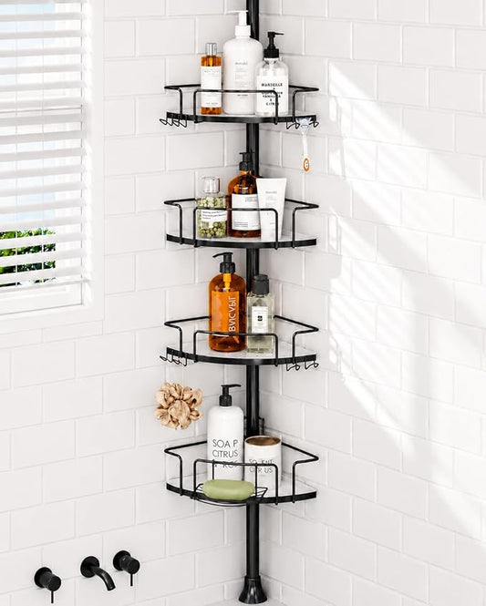ALLZONE Corner Shower Caddy Tension Pole, 4 Hang-On Basket with Mixed-Height Shelves for Various Bottle Sizes, Extra Hooks & Soap Holder, Rustproof Stainless Steel, Fits 34–116 Inch, Black/White