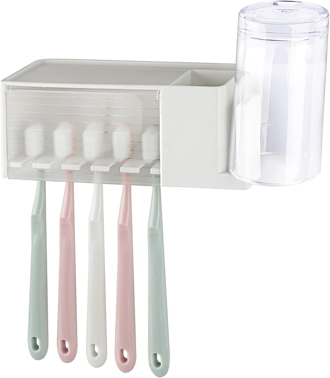5 Slots Wall Mount Toothbrush Holder with Cover, Self Adhesive Toothbrush Storage Organizer for Shower, Toothpaste & Toothbrush Hanger for Bathroom, Medicine Cabinet, Dorm (White)