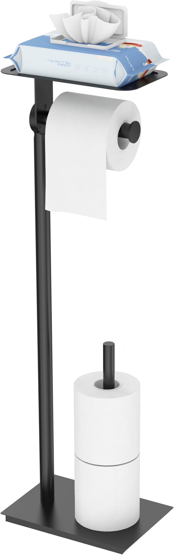 Toilet Paper Holder Stand, Free Standing Toilet Paper Holder with Shelf for Bathroom, Stainless Steel Toilet Paper Roll Holder with Storage, Reserve for 3 Rolls, Weighted Base(Matte Black)