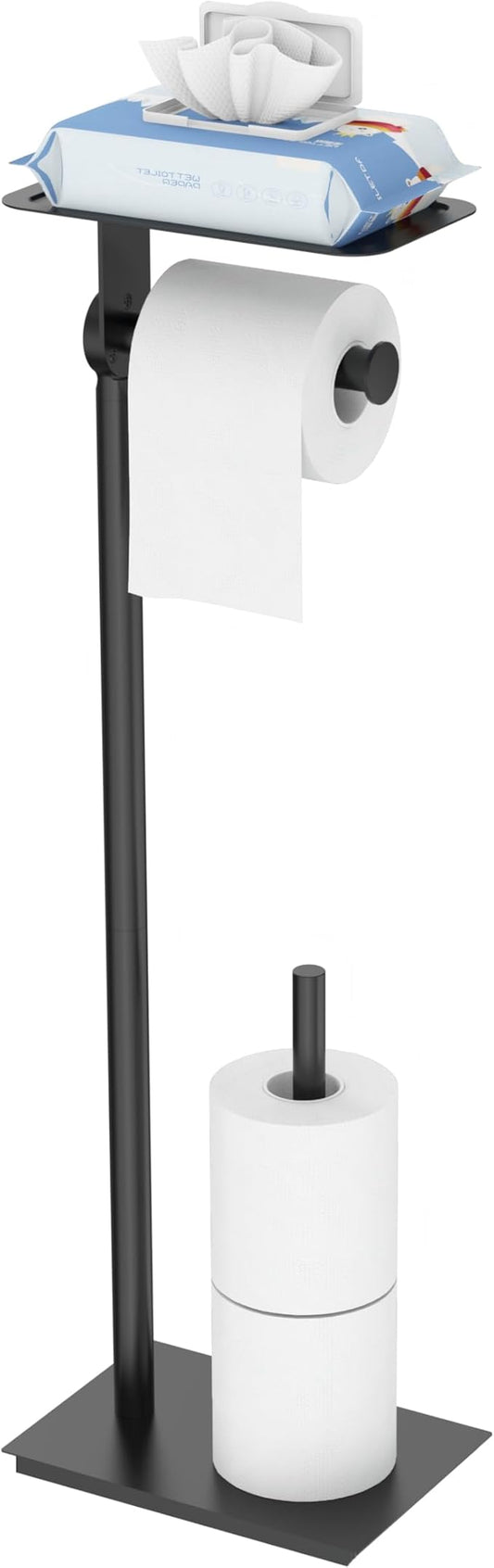 Toilet Paper Holder Stand, Free Standing Toilet Paper Holder with Shelf for Bathroom, Stainless Steel Toilet Paper Roll Holder with Storage, Reserve for 3 Rolls, Weighted Base(Matte Black)
