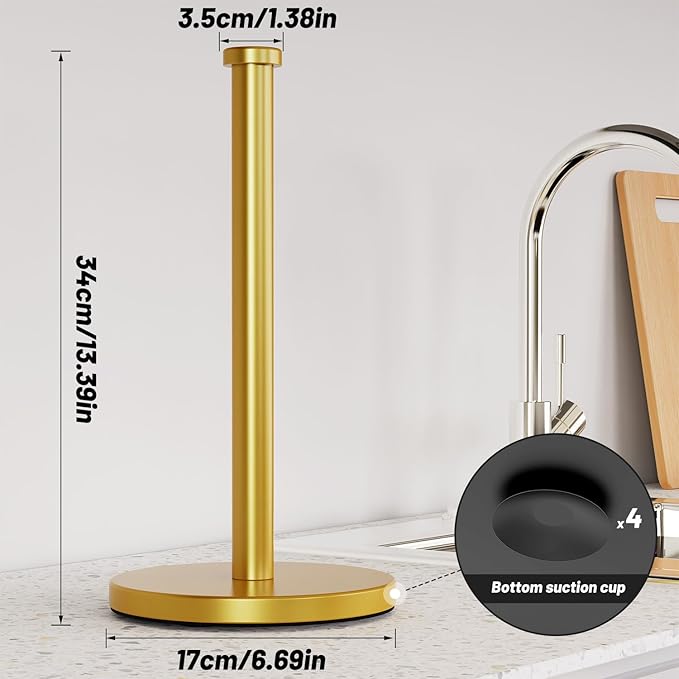 VEHHE Gold Paper Towel Holder Stand, Paper Towel Holder with Weighted Base and Suction Cups for Kitchen Bathrooms