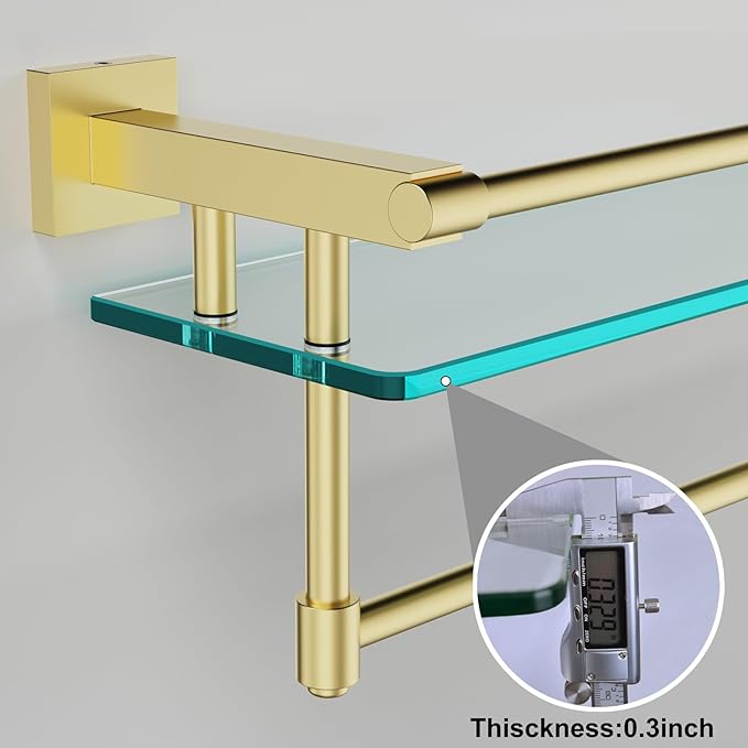 Bathroom Glass Shelf with Towel Rack Organizer Wall-Mounted Bathroom Storage SUS304 Stainless Steel Track Wall-Mounted Tempered Glass Stainless Steel Shelf (Brushed Gold, 20-inch)