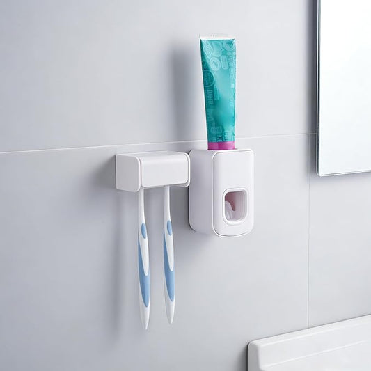 Toothbrush Holder Wall Mounted with Cover for Bathroom, 2 Slots Toothbrush Storage Organizer for Shower, Self Adhesive Toothbrush Hanger with Automatic Toothpaste Squeezer Dispenser