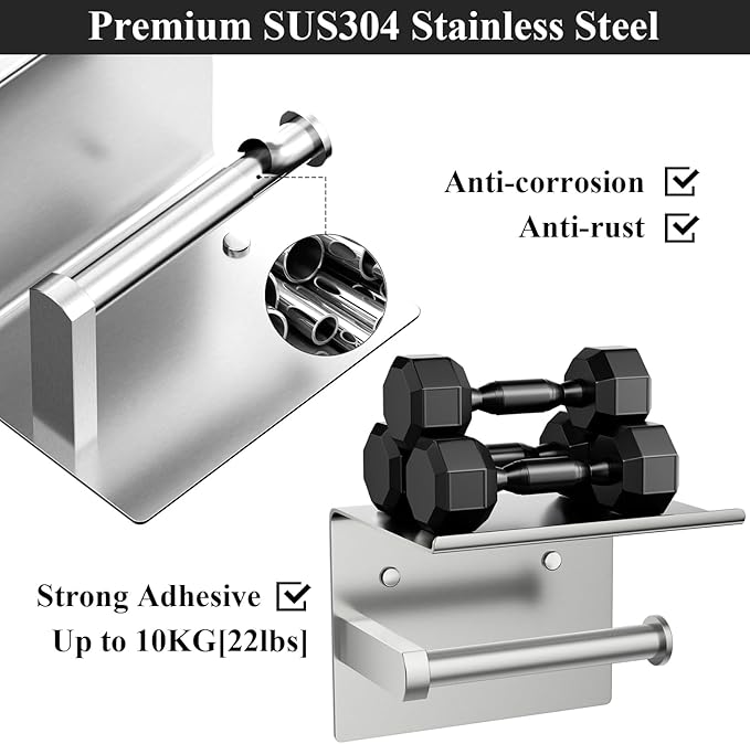 Tindbea Mega Size Toilet Paper Holder with Shelf + Towel Robe Hooks, Adhesive or Screw Wall Mounted Toilet Paper Roll Holder, Stainless Steel Bathroom Hardware Set (Brushed Nickel)
