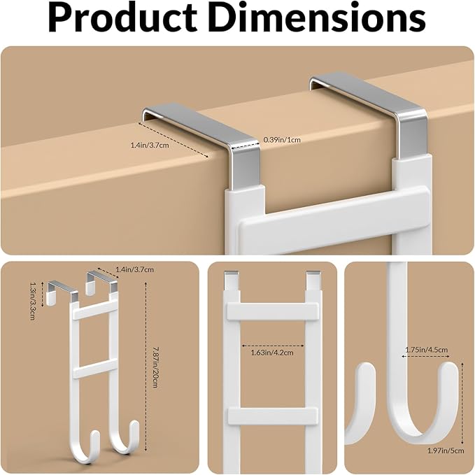 Over the Door Hanger Organizer, Heavy Duty Metal Door Hooks for Hanging, Double Hook Coat Rack with Rubber Coating, Slim Fit Towel Holder, Fits Interior Doors Up to 1 3/8"