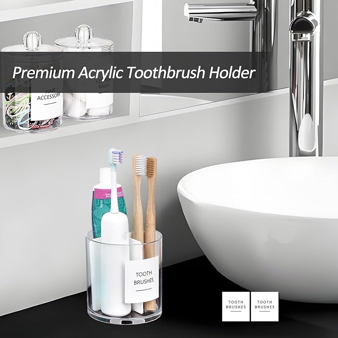 Acrylic Toothbush Hoder with White Divider for Bathroom Decor, Thick Clear Plastic Electronic Toothbrush and Toothpaste Organizer Stand for Bathroom Vanity Countertops, Bathroom Essentials Accessories