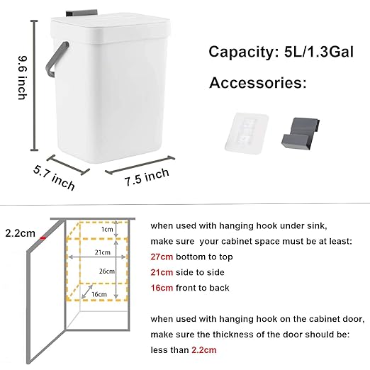 LALASTAR Compost Bin Indoor Kitchen Sealed, Hanging Small Trash Can with Lid Under Sink for Kitchen, Food Waste Bin for Countertop, Mountable Garbage Can for Bathroom, RV, 5L/1.3 Gal, White
