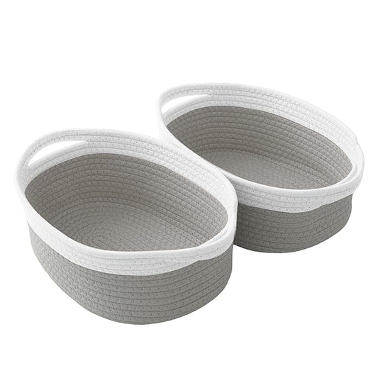 2 Pack Small Woven Rope Basket-Empty Gifts Basket with Bag and Ribbons,Cute Handle Organizer Box for Birthday/Baby Shower, Toy Storage, Nursery Organizing & Shelf Decor(White&Grey)