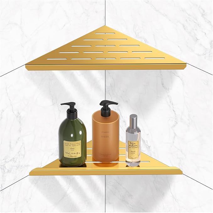 YACVCL Brushed Gold Corner Shower Shelf 304 Stainless Steel 10" Recessed Corner Shelf Bathroom for Tiled Wall,No Drilling Floating Shower Shelves Shampoo Holder, 2 Pack