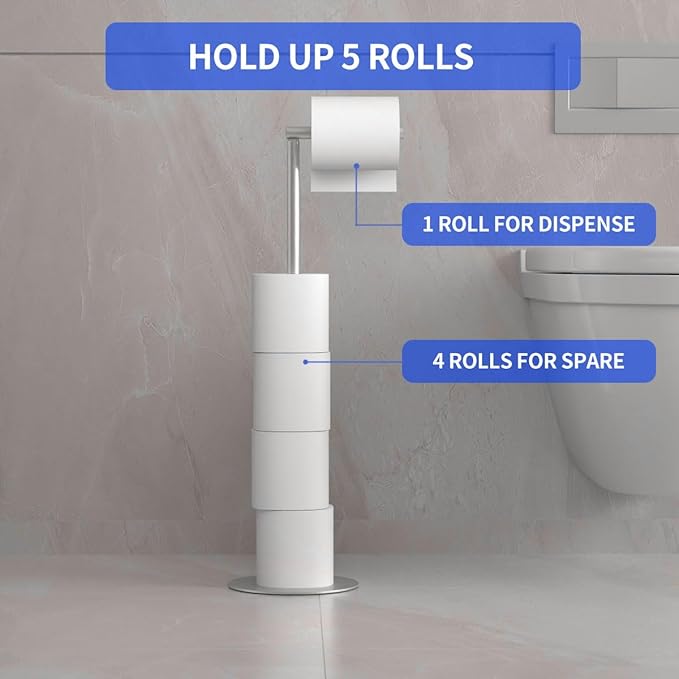 Bathroom Toilet Paper Holder Stand Modern Tissue Roll Stainless Steel Rustproof Freestanding Holder Matte Black (Silver)