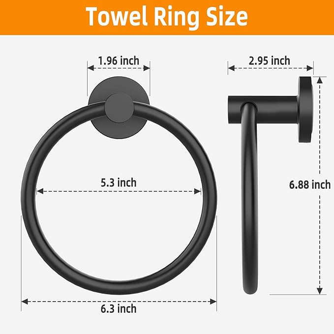 Matte Black Towel Ring 2Pack, SUS304 Stainless Steel Hand Towel Holder for Bathroom Kitchen, Modern Style Towel Hanger, Thicken Ring Towel Holder, Towel Rack Round Wall Mounted (2, Black)