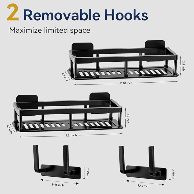 ACEXINYAN Shower Caddy Adhesive, Self-Adhesive Bathroom Shelves Basket, 2 Pack Large Capacity Shower Shelve with Hook Rack, No Drilling Bathroom Organizers and Storage for Home Decor (4, Black)