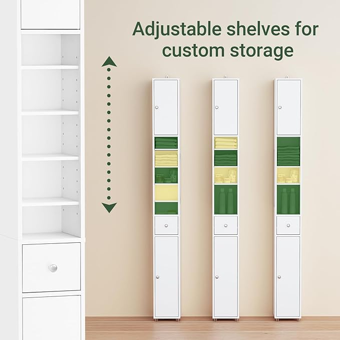 SoBuy Bathroom Narrow Storage Cabinet, Skinny Tall Unit with Adjustable Shelves Slender, Slim Bathroom Organizers and Storage, Anti-Tipping Thin Floor Standing Cupboard Laundry Room, White BZR34-W